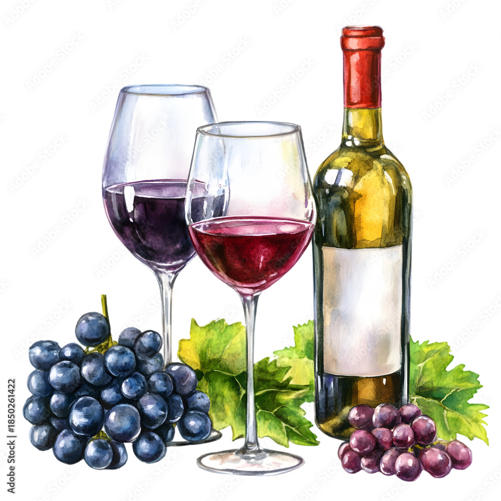 Fototapeta premium Wine and grapes, 2D watercolor, isolated on a transparent background.