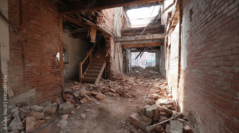 Fototapeta premium The interior of a collapsed brick building with exposed spaces illustrates structural failure, destruction, and post-disaster impact. 