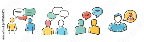 Diverse human interactions and communication styles illustrated with simple colorful figures and speech bubbles
