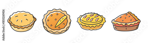 A charming collection of hand-drawn cartoon pies and tarts in a delightful illustration