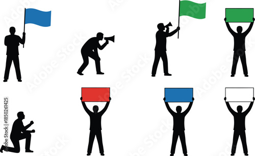 Diverse Silhouette Characters Holding Protest Signs Flags and Megaphones for Public Demonstration Activism Social Justice Campaigns and Political Rally Communication