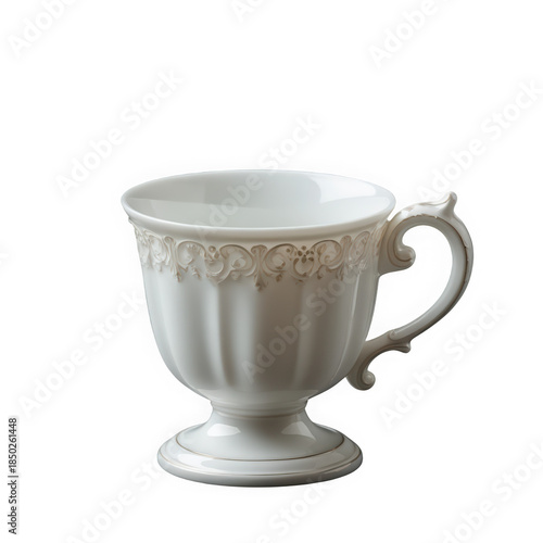 Elegant white ceramic tea cup with gold filigree design on transparent background