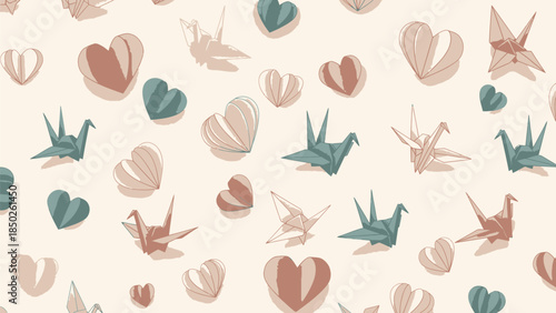Origami cranes and hearts in soft pastel colors on cream