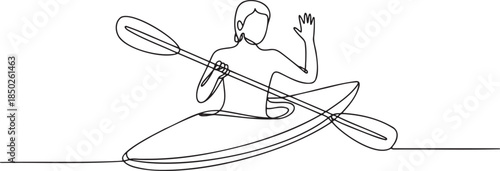 Continuous line drawing of a person kayaking, an outdoor recreation and sport activity