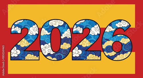 Happy New Year 2026 celebration with traditional Chinese clouds.