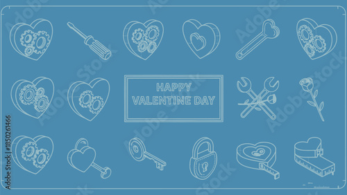 Happy Valentine's Day with heart gears tools and locks