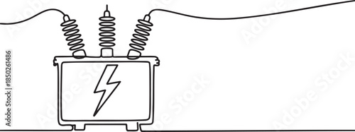 Continuous line drawing of a power transformer with a lightning bolt symbol concept