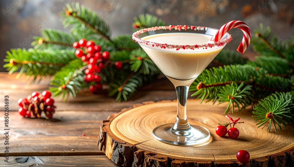Naklejka premium Festive Peppermint White Chocolate Martini with Candy Cane Garnish on Wooden Coaster