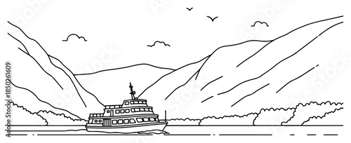 Ferry boat sailing through mountain fjord landscape line art vector illustration