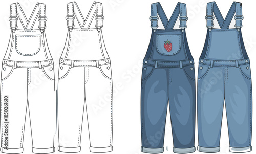 Childrens Denim Overalls Front Back Outline And Colored With Strawberry Icon Keywords: overalls, dungarees, denim, clothing