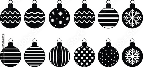 Collection of Black and White Christmas Ornament Icons with Various Patterns Keywords: Christmas, ornament, icon, decoration