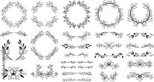 Floral Frame and Divider Set with Ornamental Wreaths, Corners, and Motifs for Invitations, Stationery, and Graphic Design