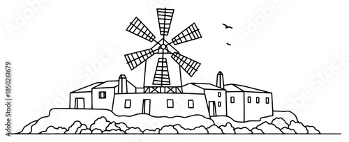 Traditional windmill surrounded by village houses on rocky hill line art
