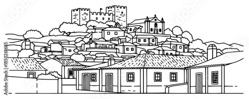 Old European town skyline with hilltop castle vector drawing