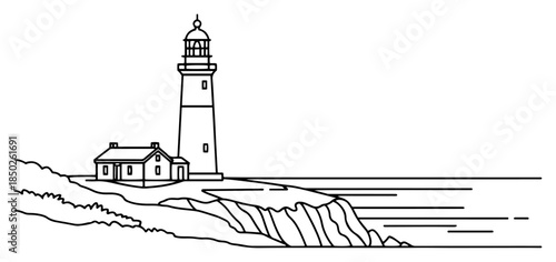 Lighthouse tower on cliff edge overlooking ocean horizon line art