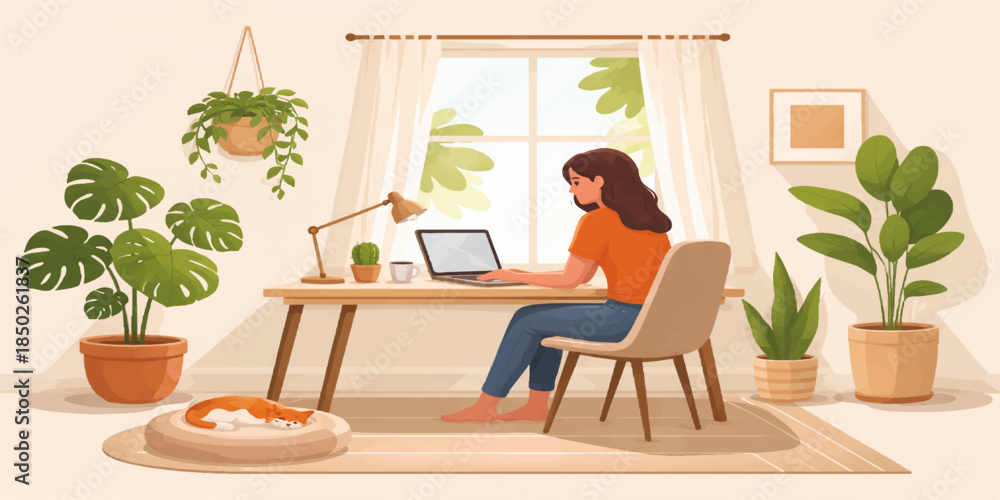 Fototapeta premium Work from home cozy interior flat illustration