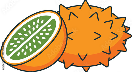 Kiwano fruit whole and half sliced horned melon close up vector graphic illustration