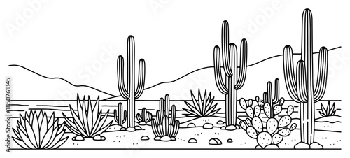 Desert landscape with various cactus plants and mountains in background line art