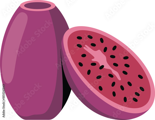 Prickly pear fruit sliced with red pulp and black seeds close up vector illustration