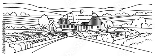 Panoramic rural farm landscape with country house and agricultural fields