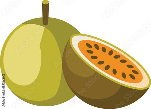 Whole and halved passion fruit with orange pulp and seeds on transparent background vector