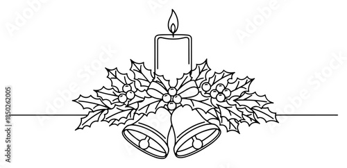 Christmas candle with two bells and holly leaves floral arrangement line art