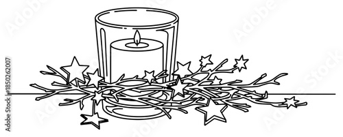 Candle in glass holder surrounded by wooden twigs and stars line art