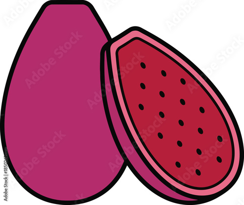 Whole and sliced prickly pear fruit with red flesh and black seeds on transparent background