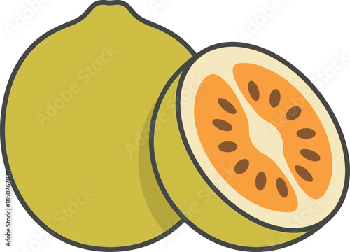 Whole and halved yellow fruit with orange pulp and brown seeds on transparent background