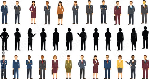 Set of Professional Business People Silhouettes and Flat Vector Characters Featuring Corporate Men and Women with Laptops Isolated on White Background