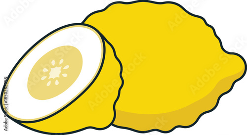 Whole etrog fruit and a half cut on transparent background in flat cartoon style vector illustration