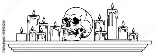 Human skull surrounded by melting candles on shelf outline drawing