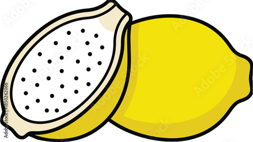 Yellow lemon illustration with a whole fruit and a halved one showing seeds and pulp