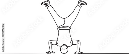 Continuous line drawing of man doing a handstand with legs spread in air