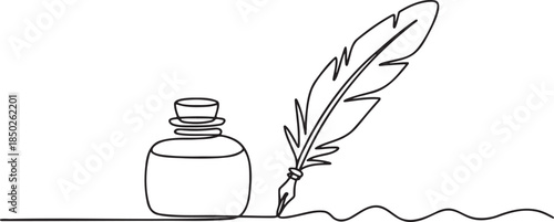 Continuous line drawing of quill feather pen and inkwell bottle writing instrument