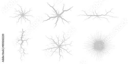 A set of six different crack and fracture patterns for surface damage illustration