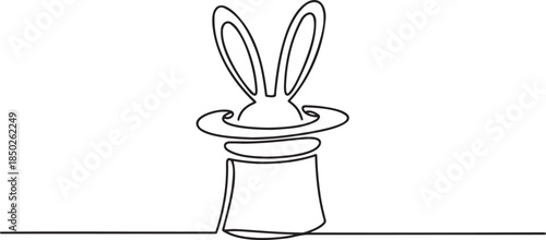 Continuous line drawing of rabbit in a magic hat performing a trick