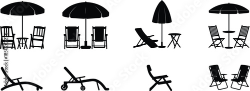 Collection of Black Silhouettes of Patio Furniture and Umbrellas Keywords: patio furniture, outdoor furniture, beach umbrella