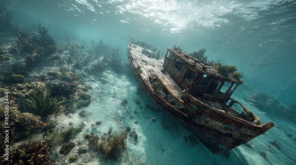 Obraz premium A submerged shipwreck resting underwater in the ocean depths illustrates maritime history, mystery, and the power of the sea. 