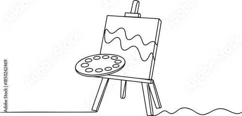Easel with palette and canvas in one line drawing
