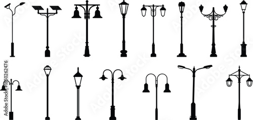 Collection of Diverse Street Light and Lamp Post Silhouettes lighting outdoor