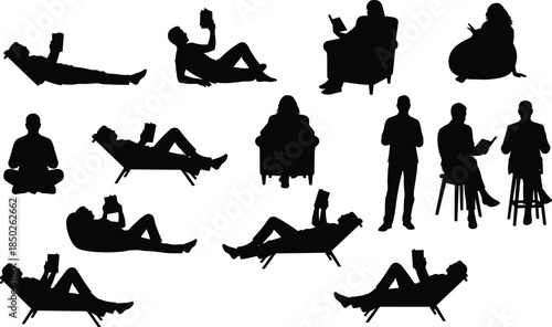 Black Silhouettes of People Reading Books in Different Poses Including Sitting in Armchairs Lying Down and Relaxing on Deck Chairs