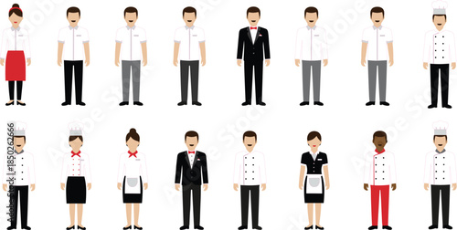 Flat Vector Set of Restaurant Staff Avatars Including Chefs Waiters Waitresses Bartenders and Hotel Service Personnel in Professional Uniforms for Business