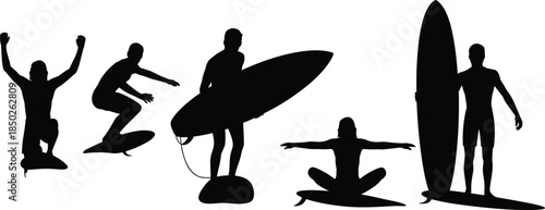 Collection of surfer silhouettes in various poses with surfboards on white background Keywords: surfer, surfing, surfboard