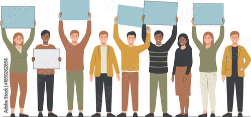 Diverse People Holding Blank Protest Signs and Megaphone for Social Activism Public Demonstration and Community Message Promotion Vector Illustration Set