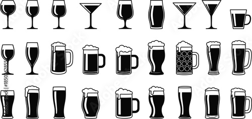 Collection of various beer glasses and cocktail glasses in black and white outline style wine glass martini glass