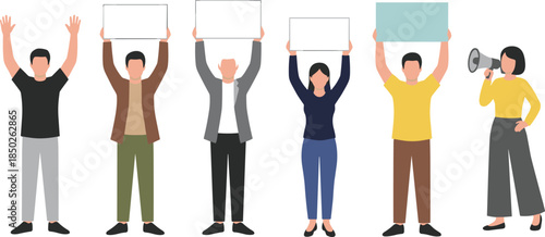 Diverse People Holding Blank Protest Signs and Megaphone for Social Activism Public Demonstration and Community Message Promotion Vector Illustration Set