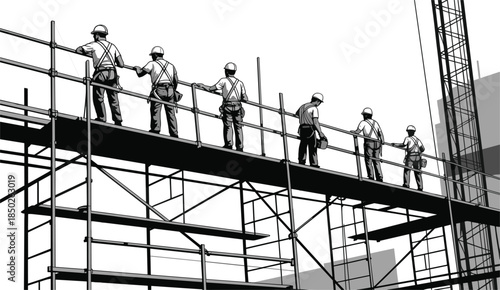 Construction workers on scaffolding with building in background illustration industry