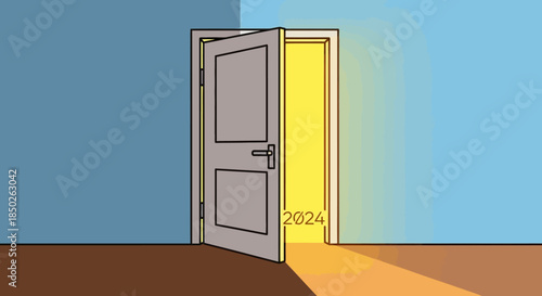 Open door with bright light and 2024 text on the floor.
