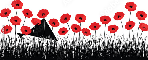 Artistic Illustration of Red Poppy Flowers Blooming in Dense Black and Blue Grass Field Isolated on White Background Vector Art